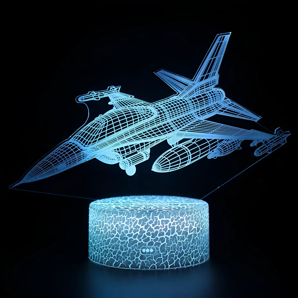 Cartoon aeroplane-shaped LED night light with touch-sensitive switch on acrylic panel.