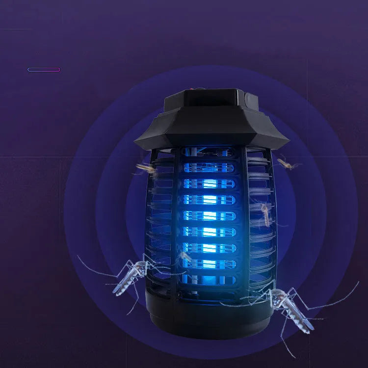 Black aromatherapy mosquito lamp with a protective metal grid, shown with optional UV or LED light tubes.