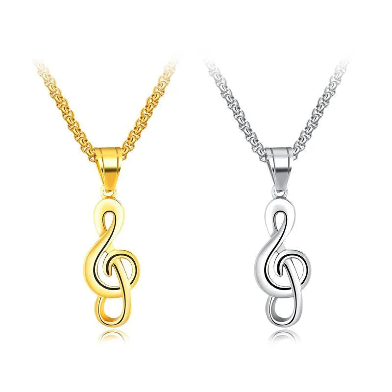 Titanium steel music symbol necklace in gold or silver colour, shown with and without chain