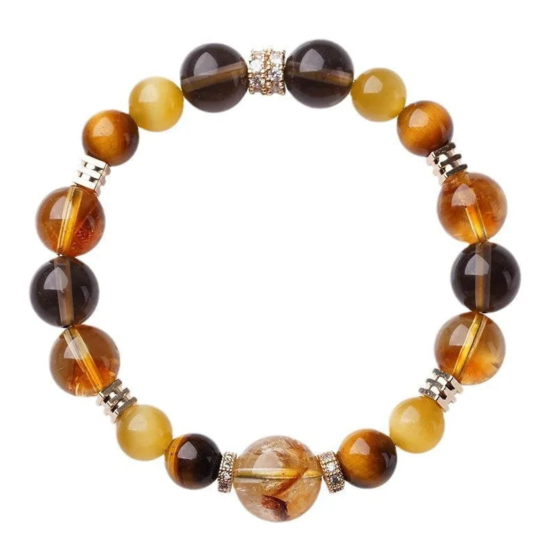 Natural yellow tiger-eye crystal bracelet with geometric tower design and 10MM beads