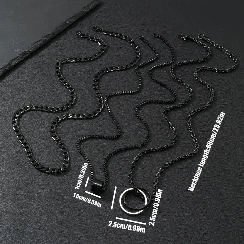 Men's black titanium steel geometric necklace set with three-dimensional cylindrical ring buckles on stainless steel chains