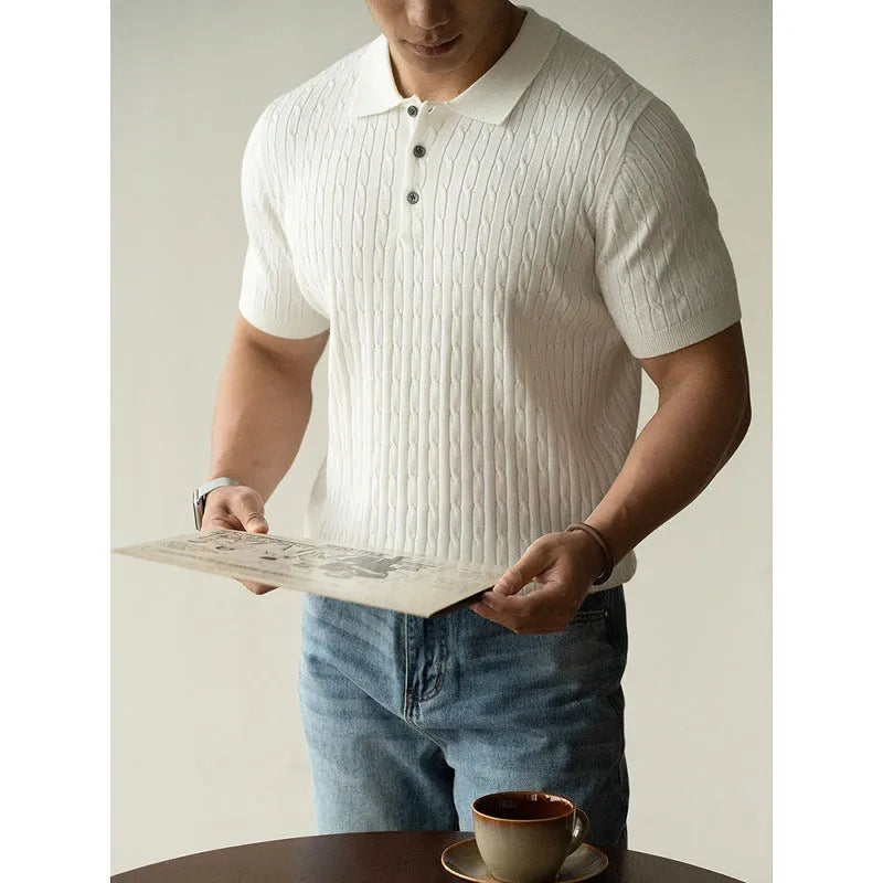 Men's khaki short-sleeve versatile top on a hanger, showing business casual style.