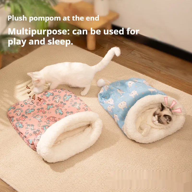 Enclosed cat sleeping bag nest in pp cotton flannel, showing blue rabbit, pink Trojan, and striped drawing colour options.