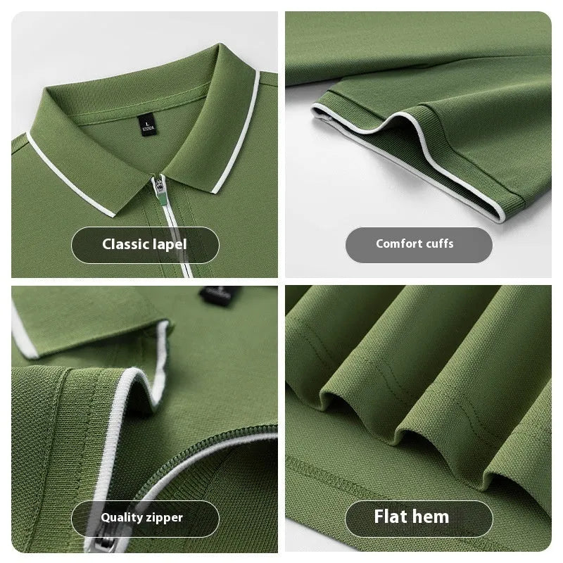 Man wearing a solid colour zip-front short sleeve polo shirt in long-staple cotton.