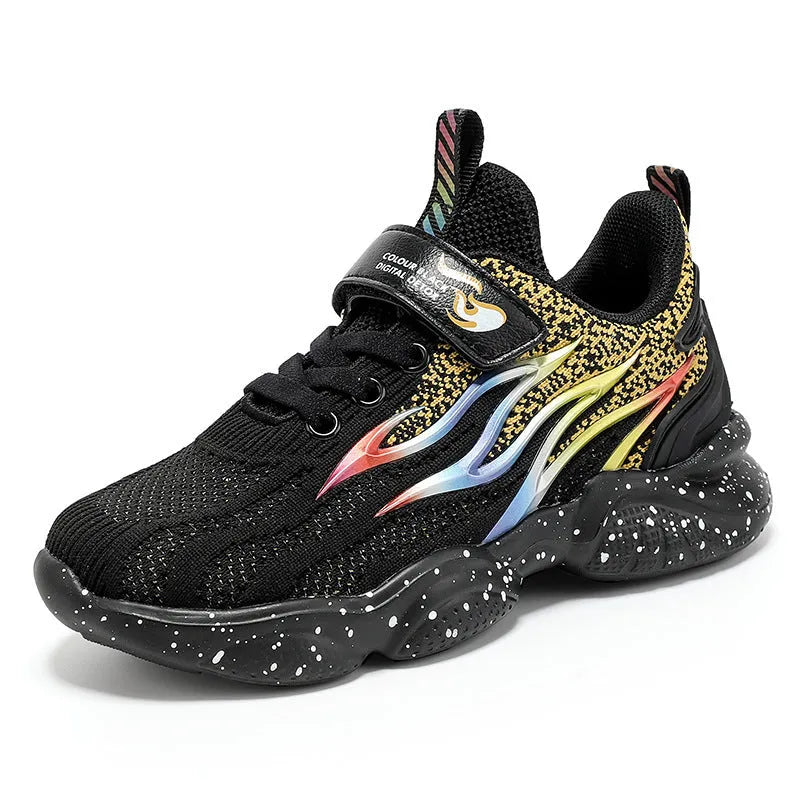 Boys classic style mesh sneakers with textile and TPU upper on anti-slip rubber sole.