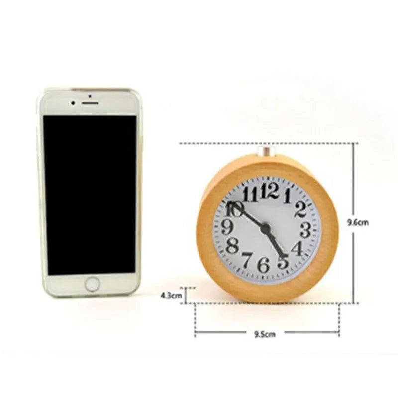 Square beech wood alarm clock with glass mirror and PVC dial, 9.5cm bedside timepiece