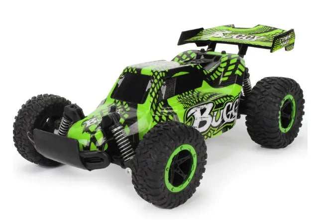 Blue 1:18 scale remote control off-road drift car with 2.4Ghz transmitter on a flat surface.