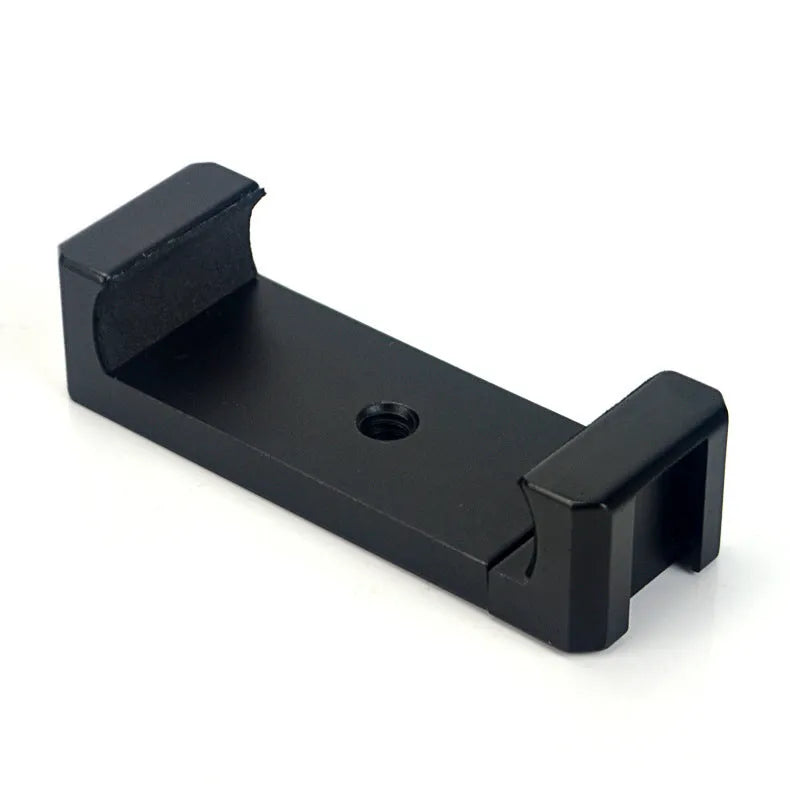 Silver aluminium bracket clip for mounting an iPhone onto a table top tripod.