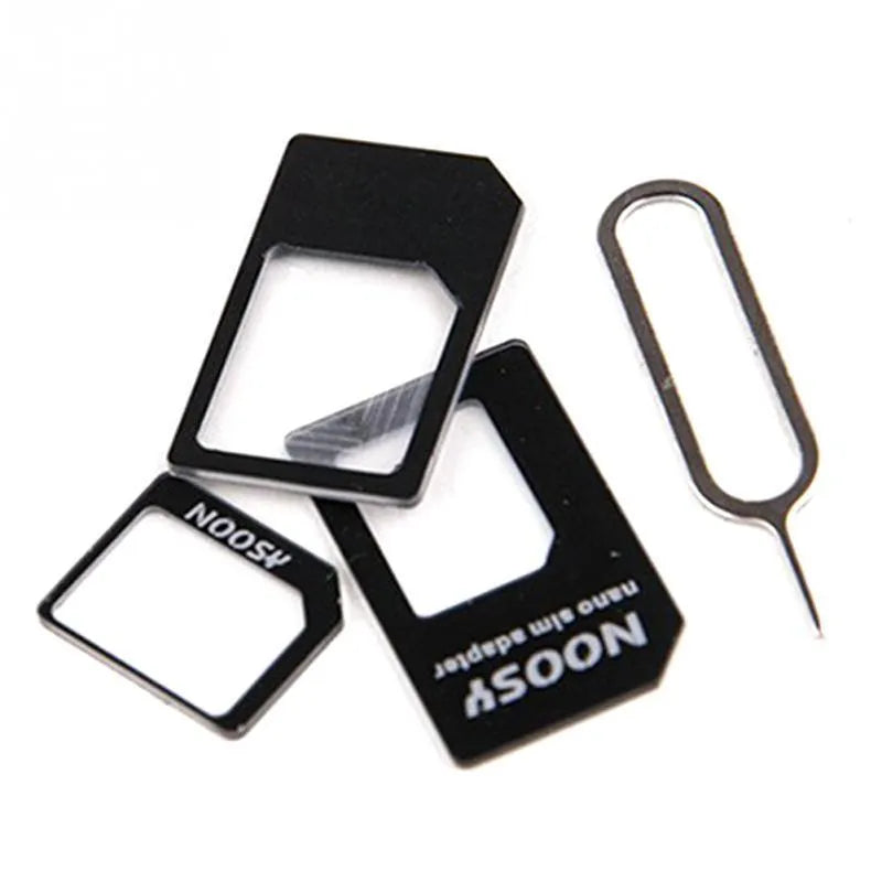 Three SIM card adapters for nano, micro, and standard sizes on a white background.