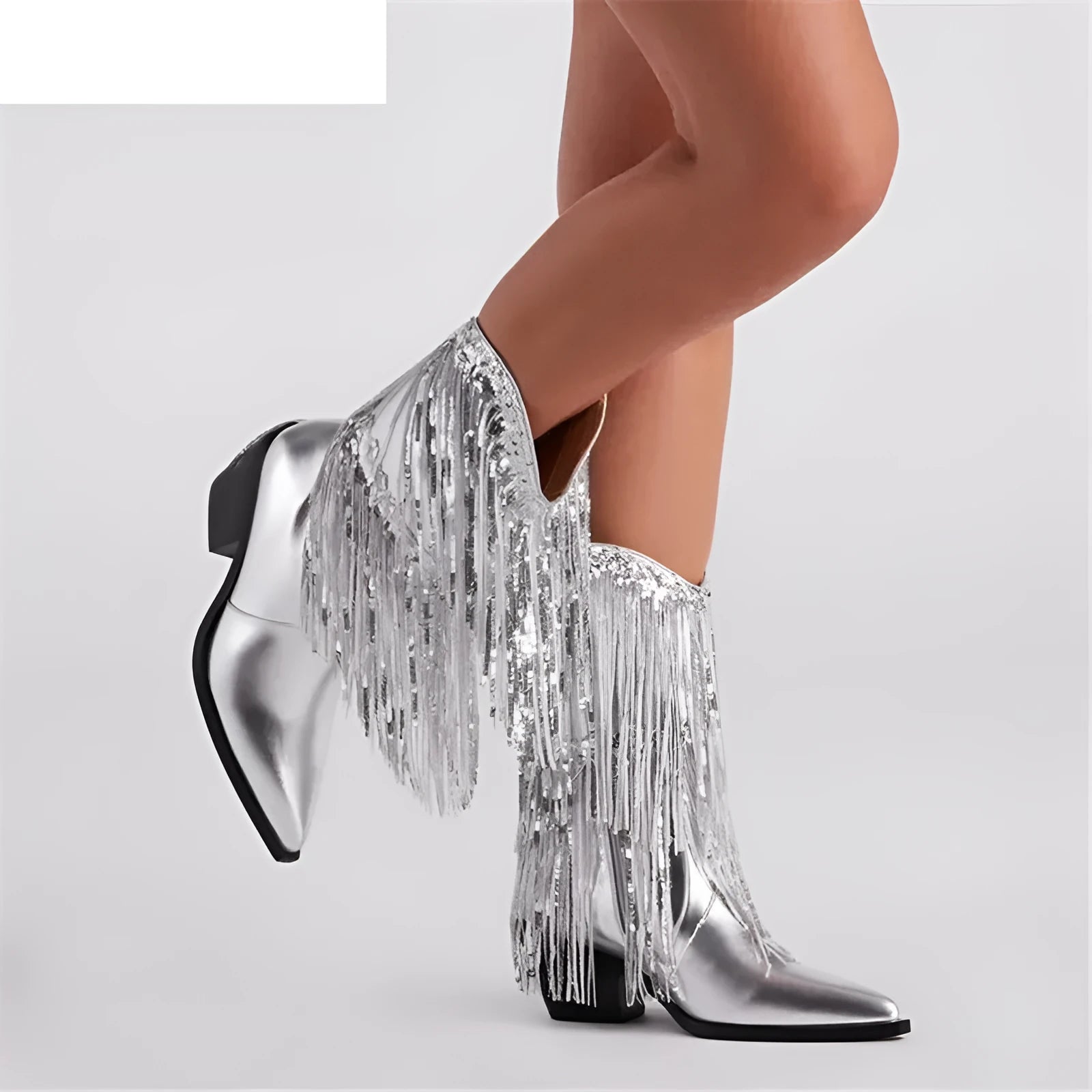 Women's black chunky heel ankle boots with tassel detail and a high stiletto heel.