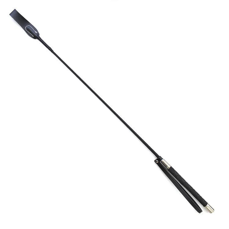Black PU leather straight riding whip with non-slip handle and wrist strap, 70cm length option