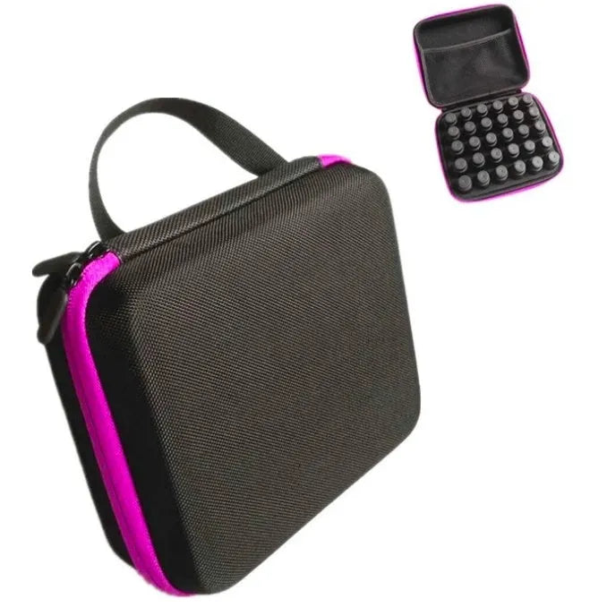 Red EVA essential oil storage bag with 30 compartments mounted on a wall