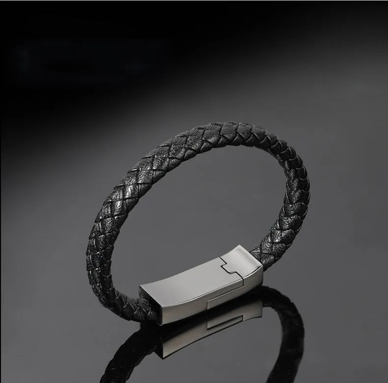 Brown double line bracelet-style charging cable with Mini USB to Micro USB connector.