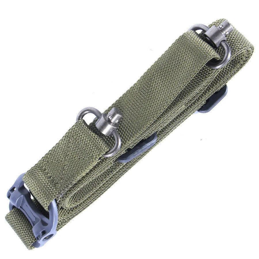Black nylon tactical multifunctional strap rope with metal buckle, shown fully extended