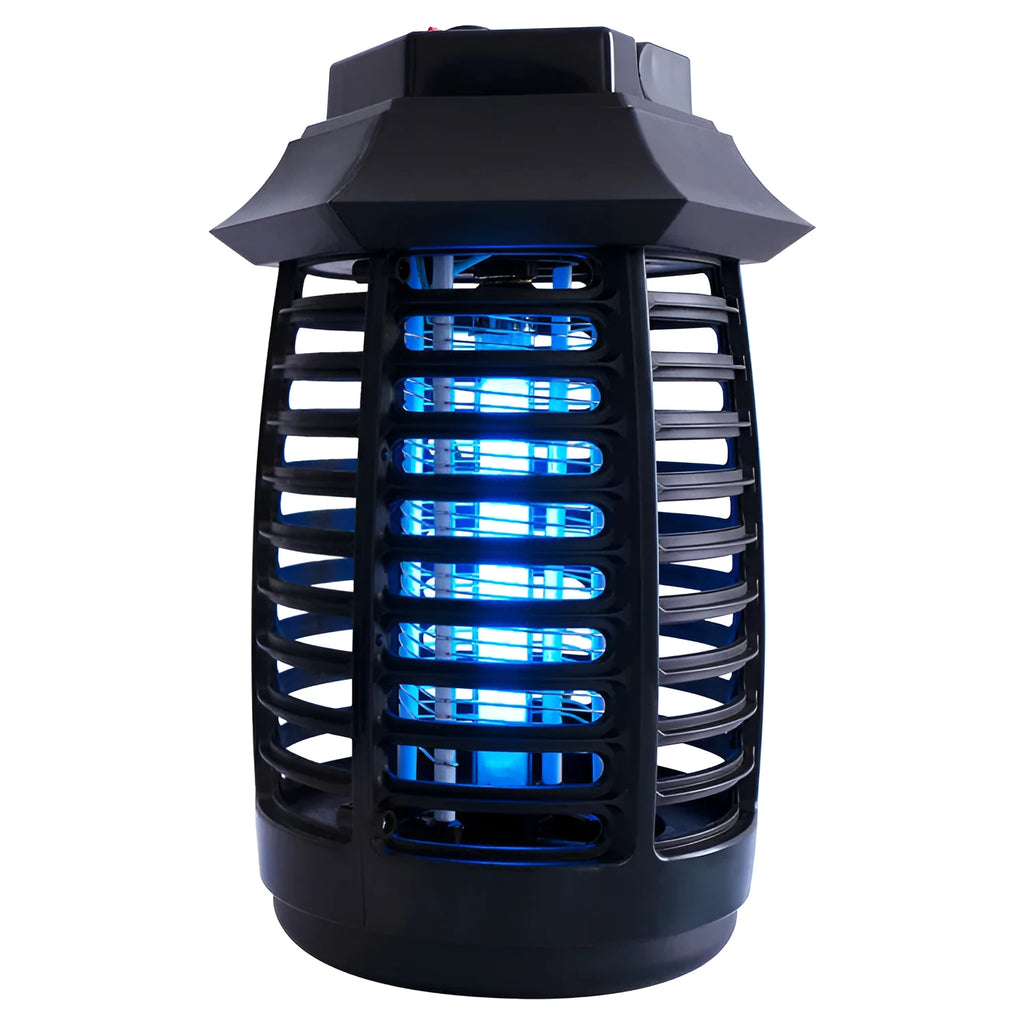 Black aromatherapy mosquito lamp with a protective metal grid, shown with optional UV or LED light tubes.