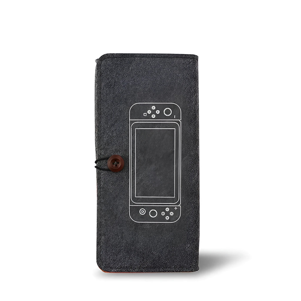 Black felt Nintendo Switch carrying pouch with game card slots and accessory compartments