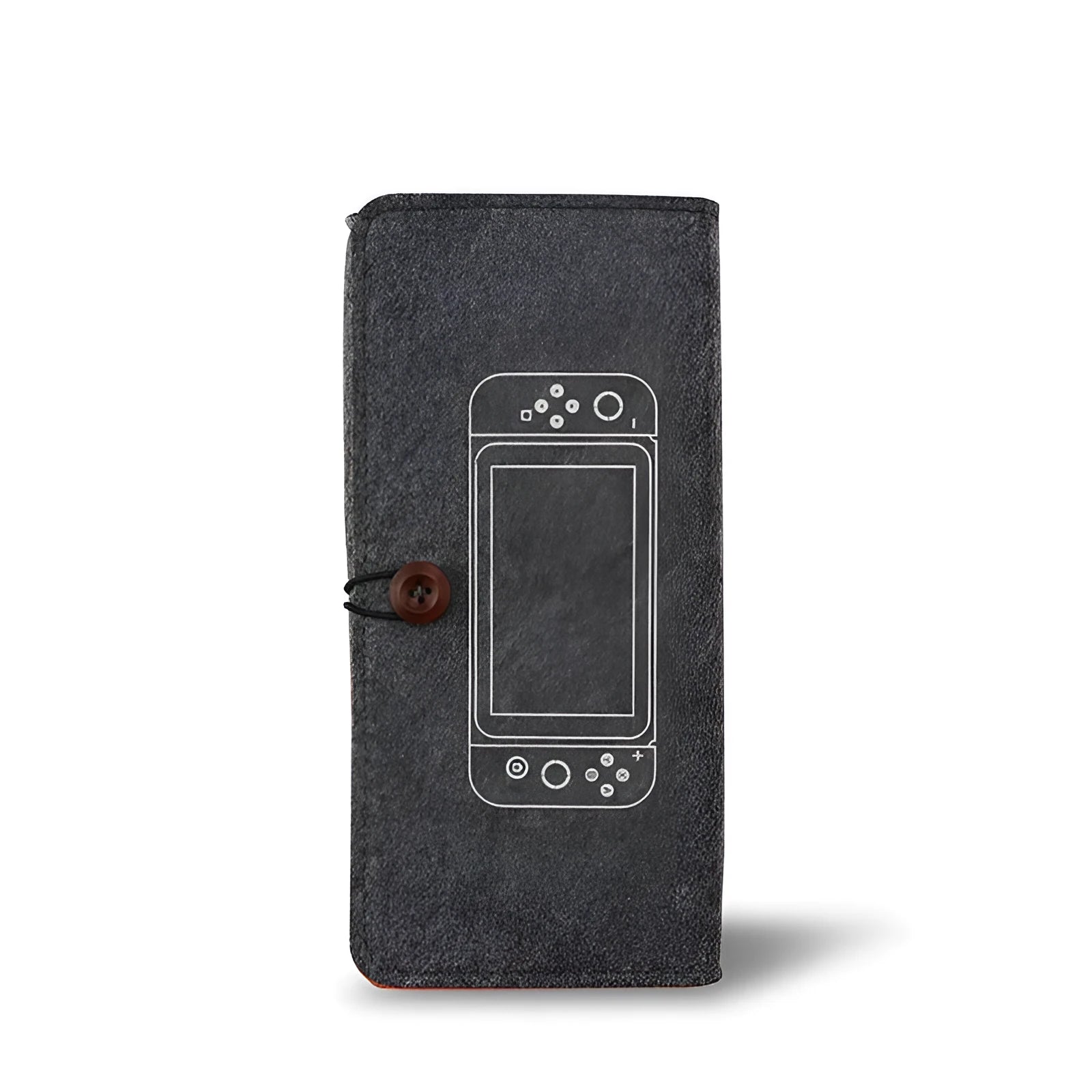 Black felt Nintendo Switch carrying pouch with game card slots and accessory compartments