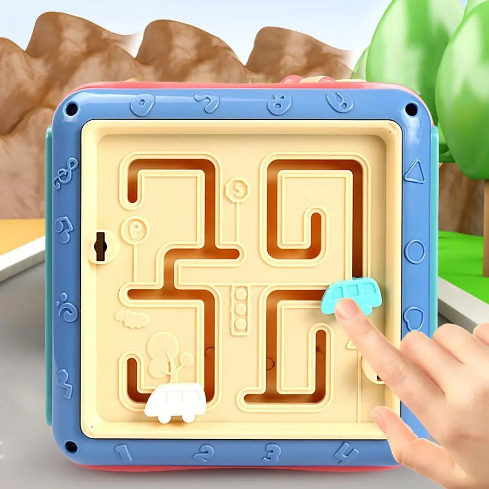 Baby educational hexahedron cube with six learning activities showing bead maze, gears, and shape sorting