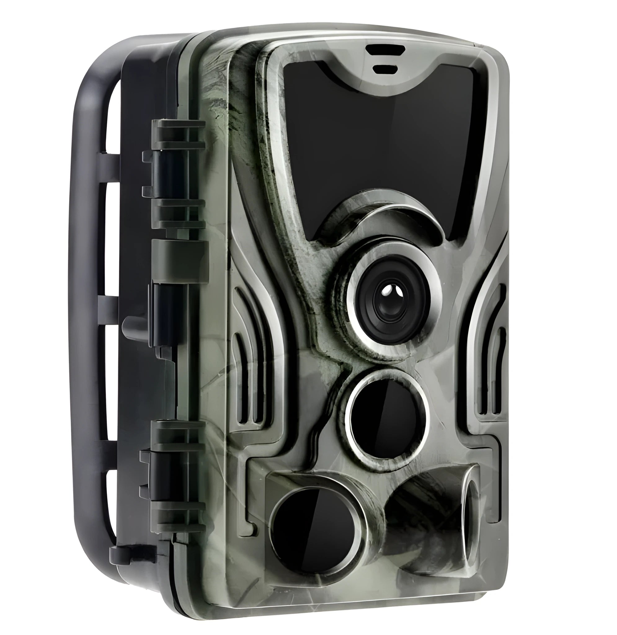 Green cellular trail camera with belt mount showing display screen and infrared LEDs