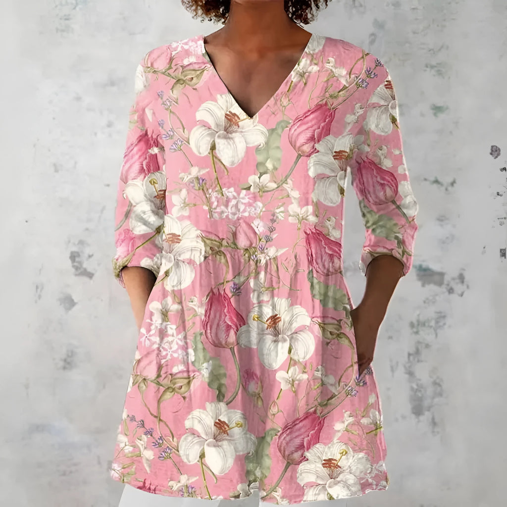Women wearing a retro-style slim fit long-sleeved top with a digital print pattern.