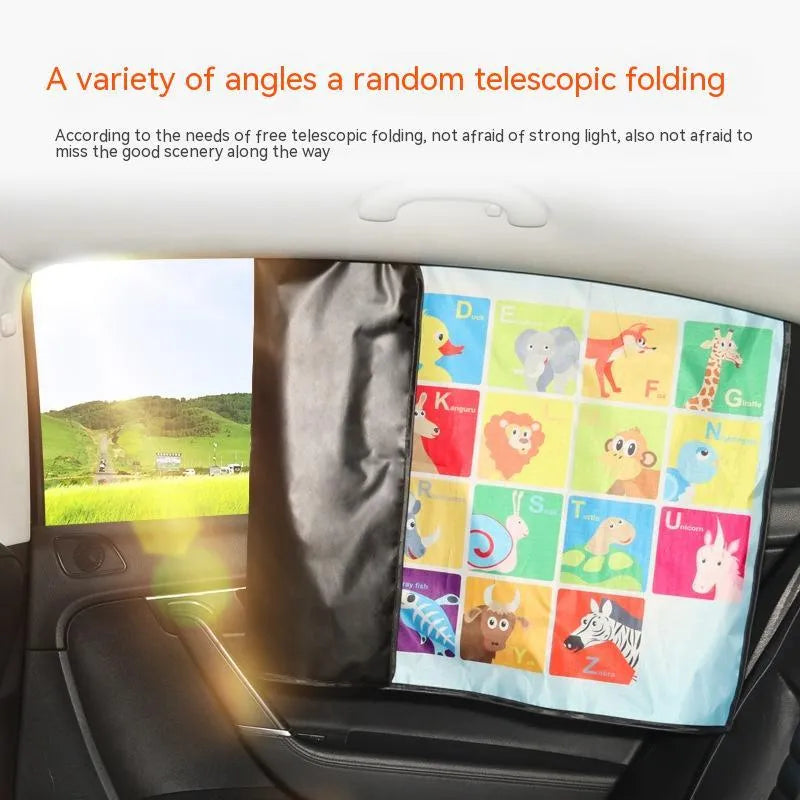 Automatic retractable magnet car sunshade with cartoon anime patterns including animal recognition and letter designs