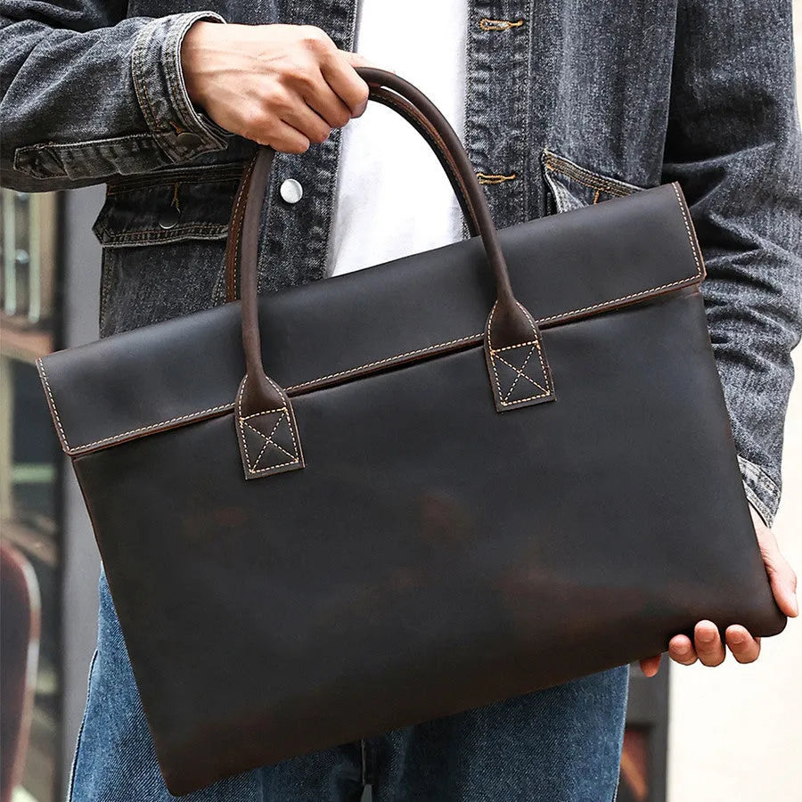 Genuine crazy horse leather men's handbag in coffee colour thin profile