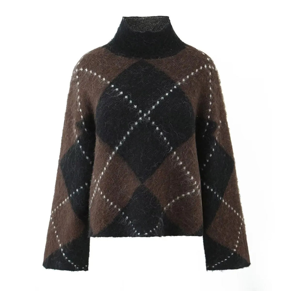 Women's turtleneck pullover loose knit sweater and printed long skirt two-piece polyester suit in street fashion style