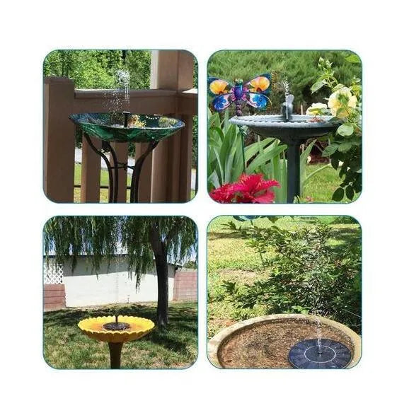 Black solar fountain pump with four spray nozzles on a green grass background next to a birdbath.