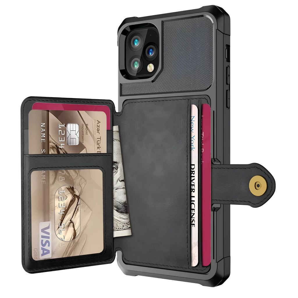 Black imitation leather iPhone back cover case with a slot for holding credit cards.