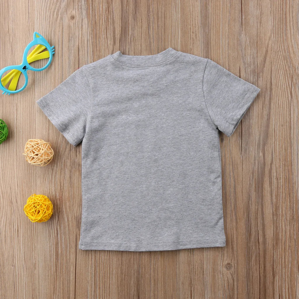 Grey cotton t-shirt for a child with a print, shown in sibling-themed colour variations.