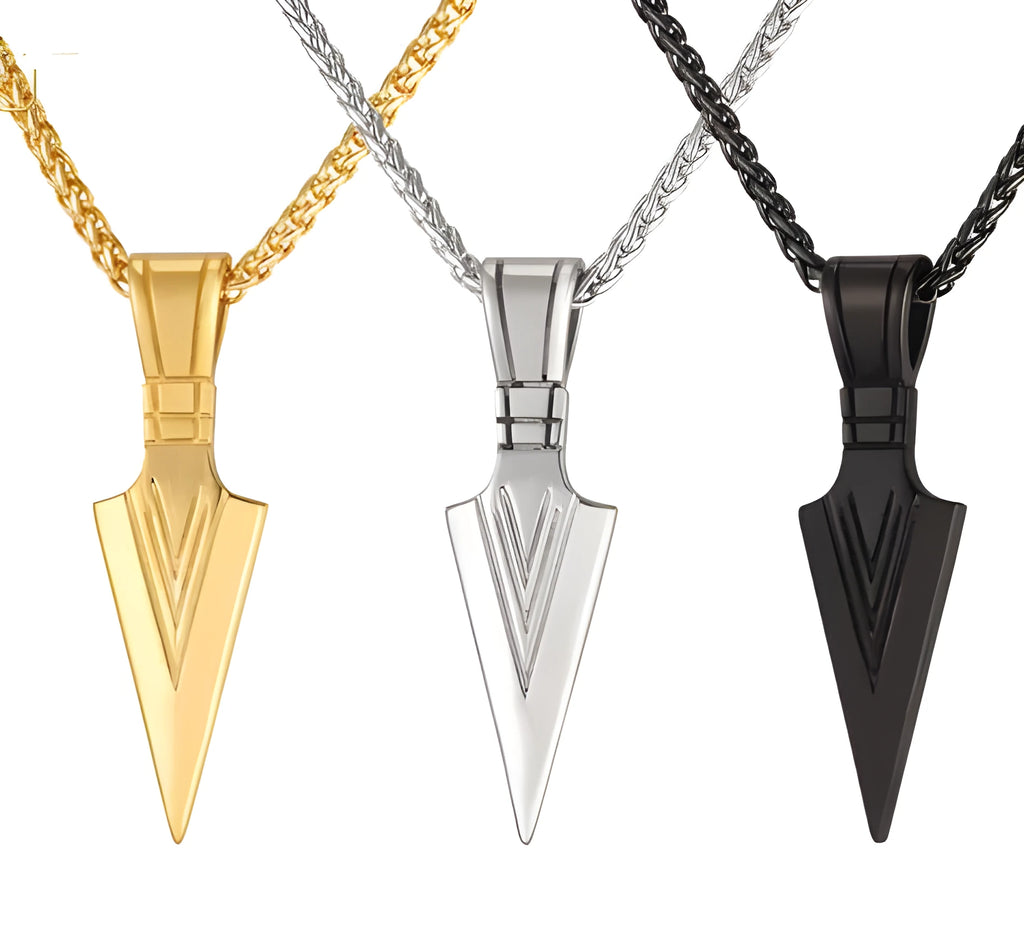 Men's stainless steel spear arrow necklace with painted finish, available in gold, silver, black or steel colour