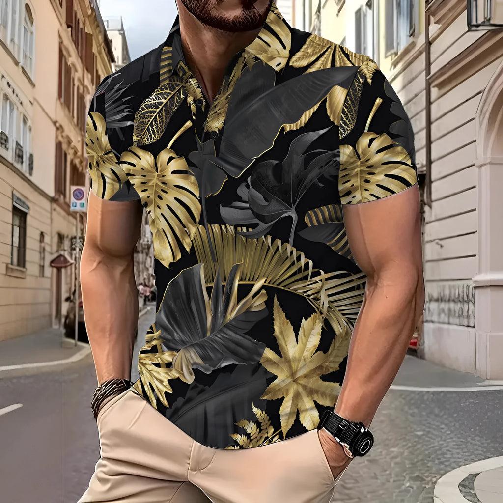 Men's gold tropical plant pattern short sleeve shirt on hanger showing front print detail