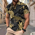 Men's gold tropical plant pattern short sleeve shirt on hanger showing front print detail