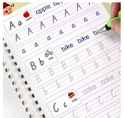 Hard cover magic writing practice book with self-erasing pages and included pen refills for calligraphy exercises