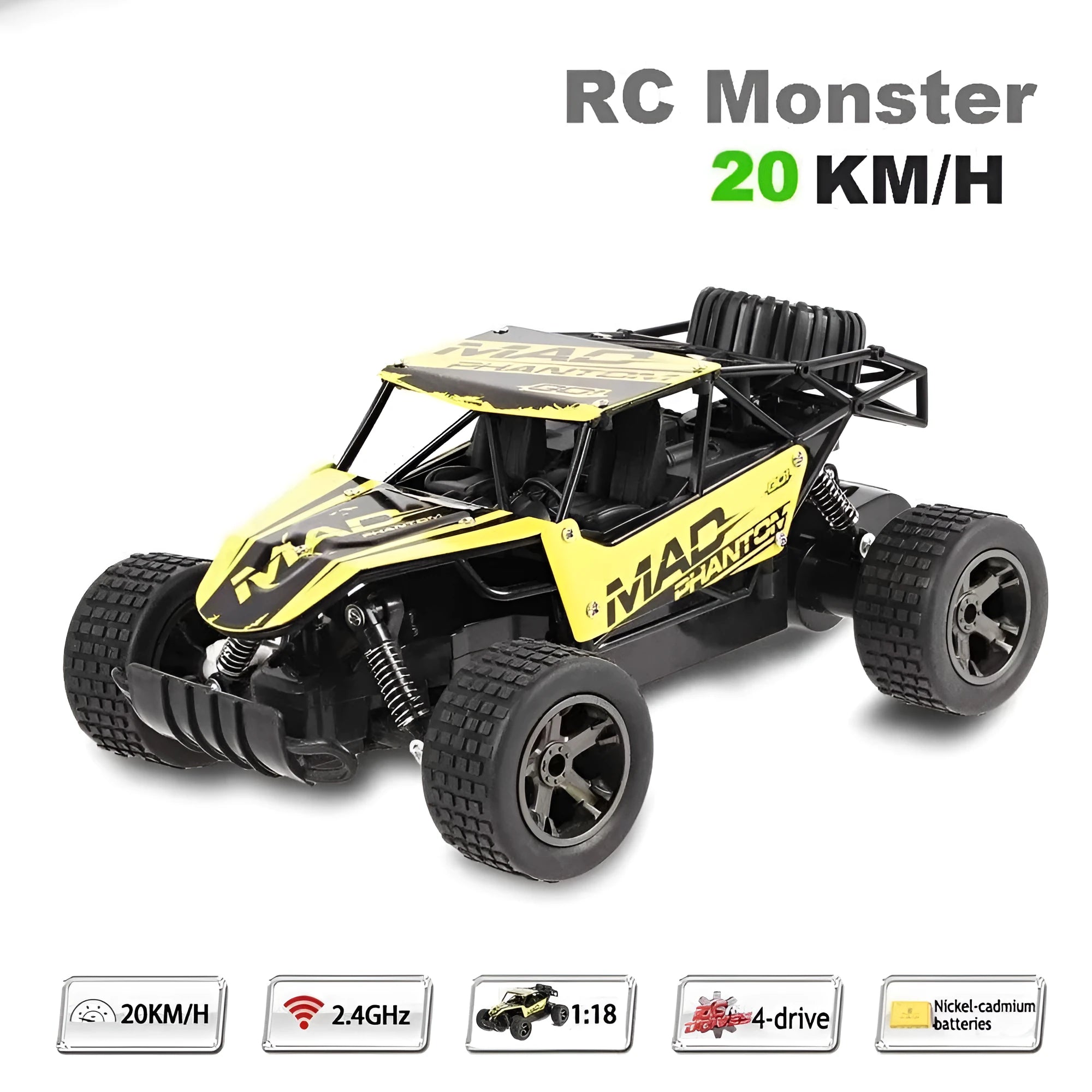 Blue 1:18 scale remote control off-road drift car with 2.4Ghz transmitter on a flat surface.