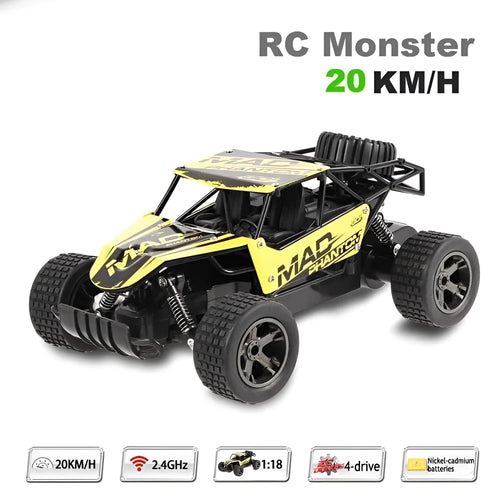 Blue 1:18 scale remote control off-road drift car with 2.4Ghz transmitter on a flat surface.