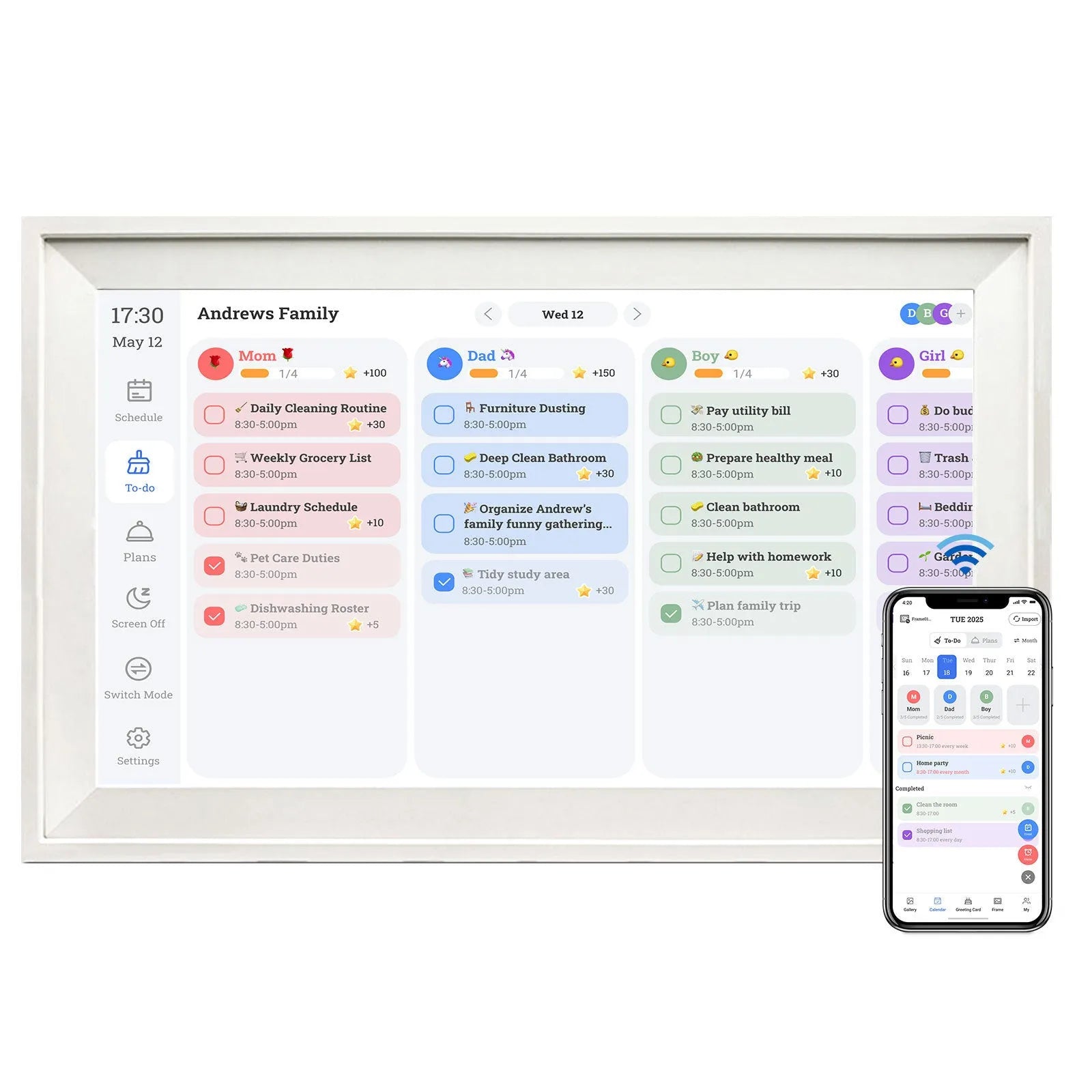 White 15.6 inch smart digital photo frame with Full HD screen on a wooden desk.