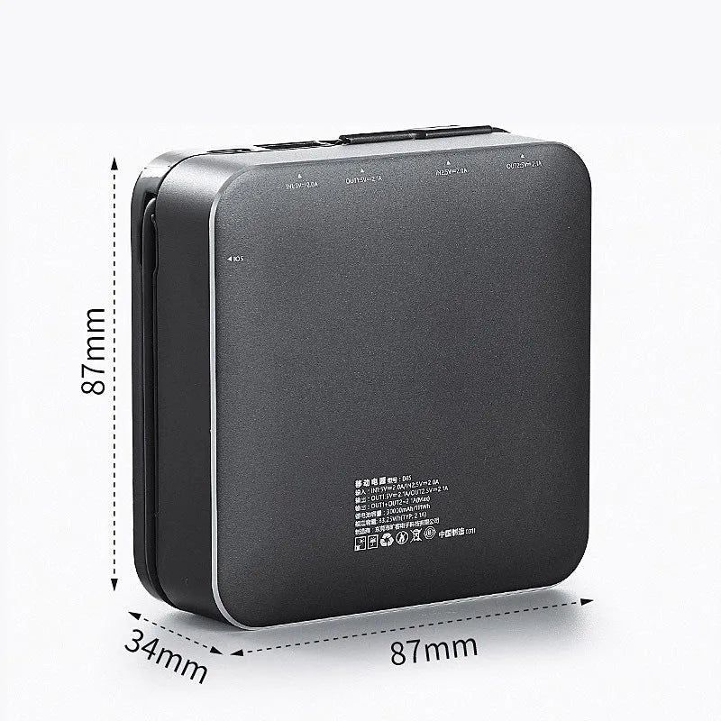 20000mAh black polymer power bank with built-in cable and screen display, 87x87x33mm size