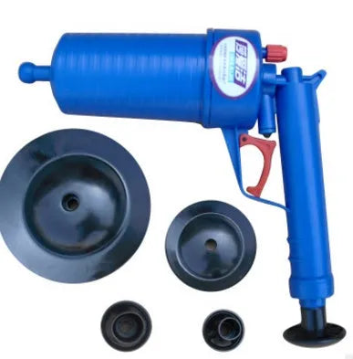 Air Power Drain Blaster Gun with four different sized adaptor suction cups for clearing blocked pipes