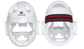Karate boxing helmet for head protection, shown in white, blue, and red colour options.