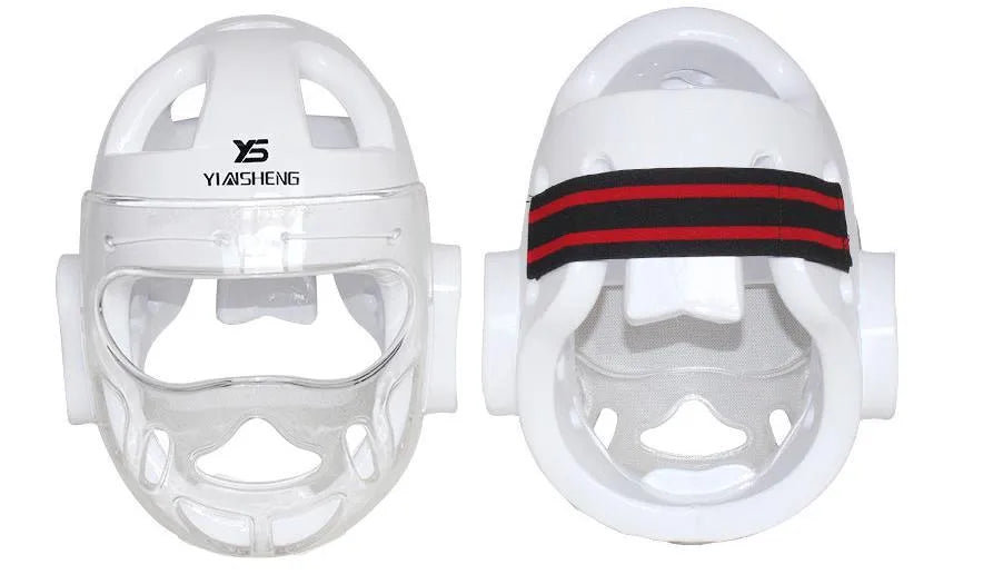 Karate boxing helmet for head protection, shown in white, blue, and red colour options.