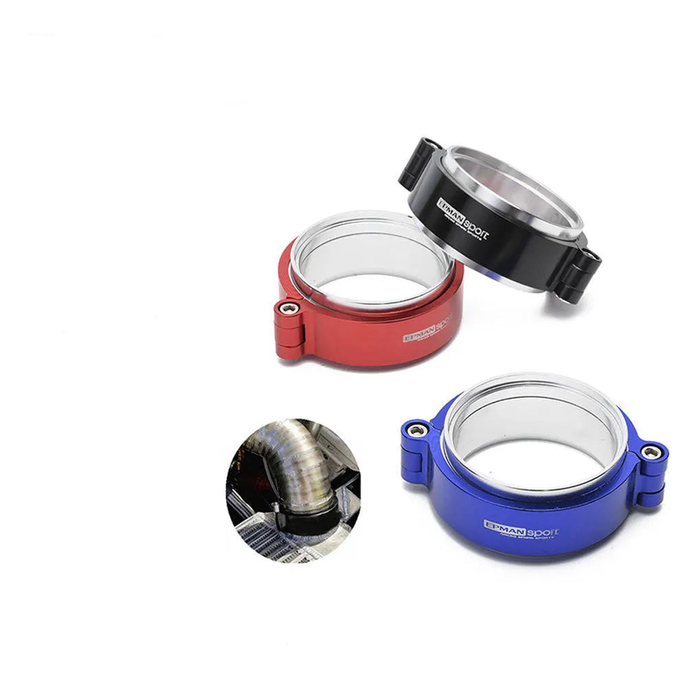 Aluminium fixed movement exhaust clamp for turbo downspouts in black, blue, and red colour options.