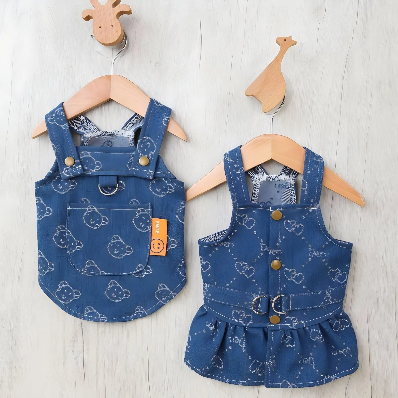 Denim princess dress for small dog showing bracket skirt style in blue denim fabric