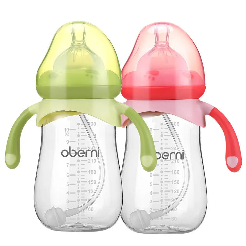 Blue wide calibre baby bottle with handle, showing gourd shape and anti-colic teat.