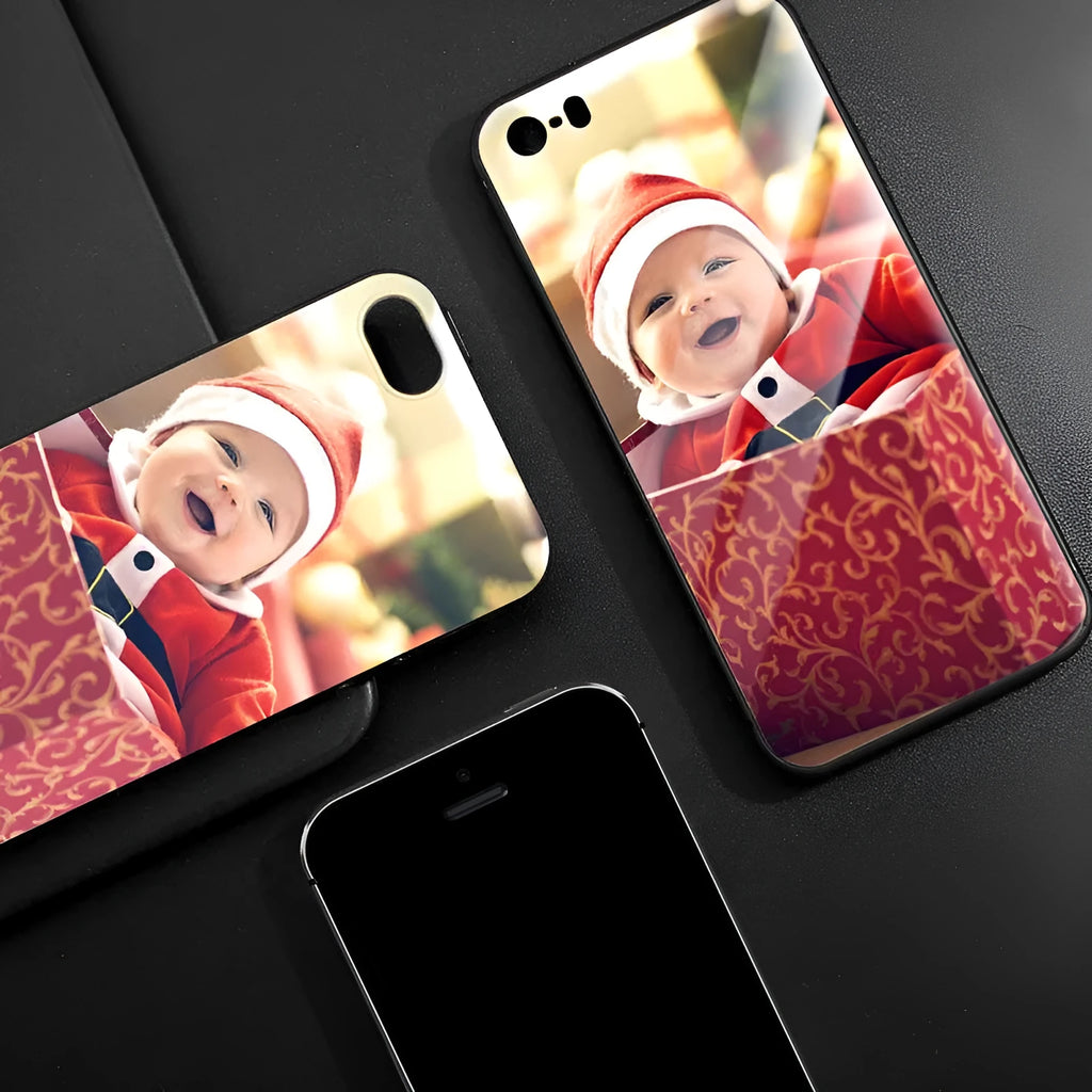 Slim patterned protective case for Apple iPhone with raised edges around screen and camera.