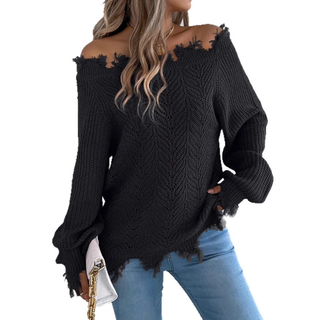 Hollow-out cut off-the-shoulder pullover sweater in artificial wool shown in black, orange, and white colours