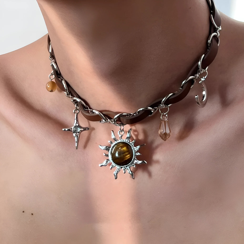 Punk Love rivet metal leather collar necklace with electroplated alloy geometric butterfly pendant and regular chain