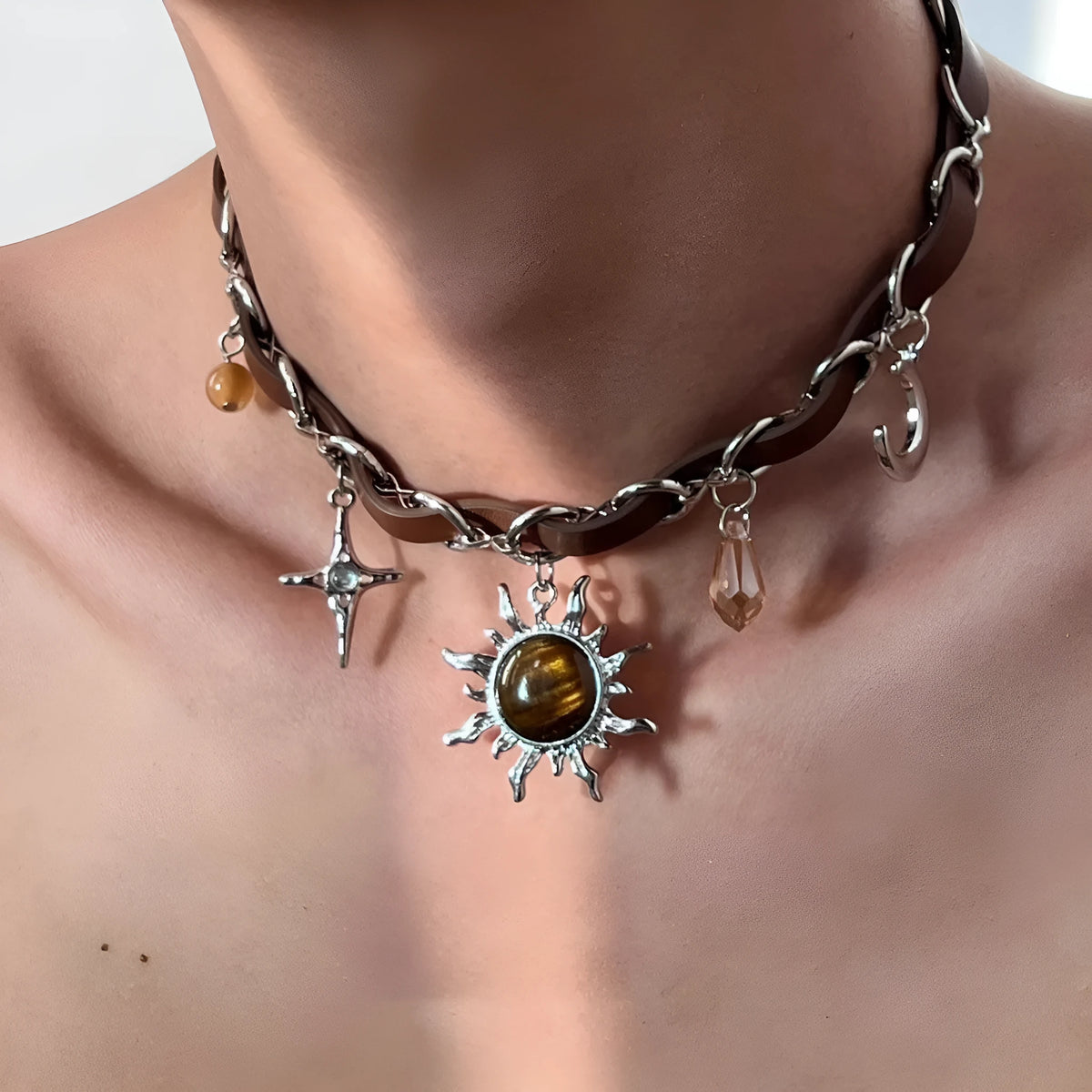 Punk Love rivet metal leather collar necklace with electroplated alloy geometric butterfly pendant and regular chain