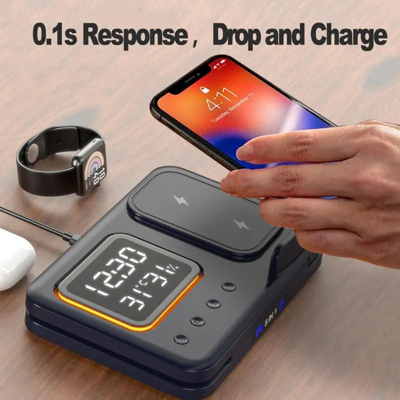 Black 15W wireless charging dock station with digital clock display charging a phone and watch