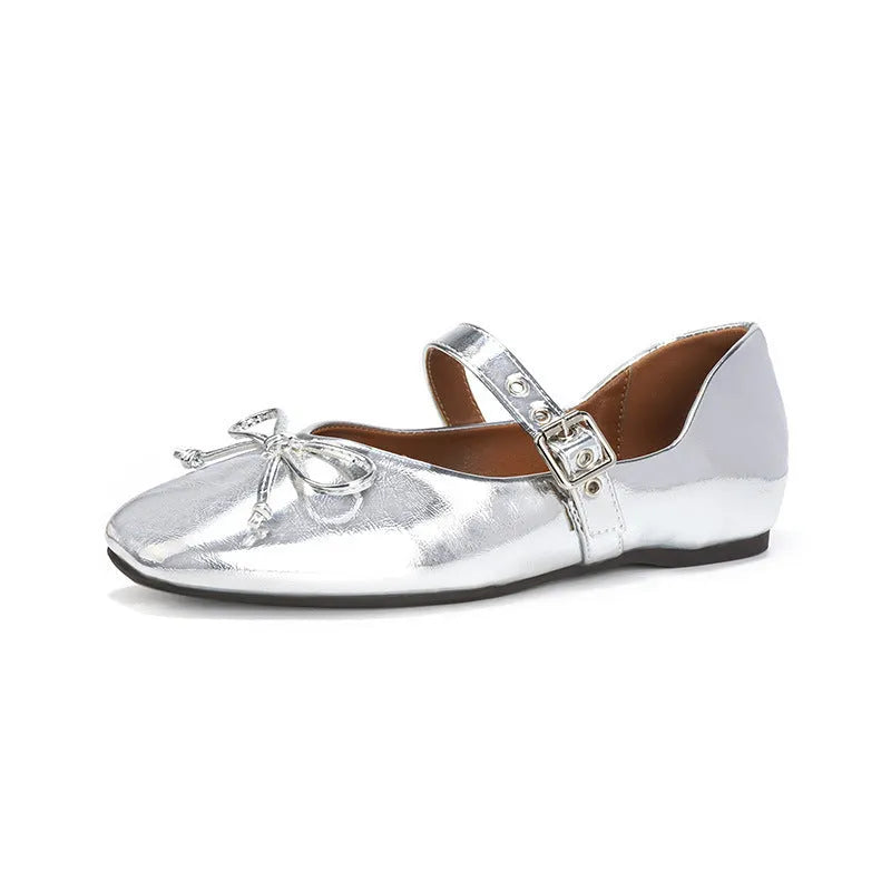 Mary Jane flat pumps in satin with rhinestone and tassel decoration, low heel, available in black beige and silver